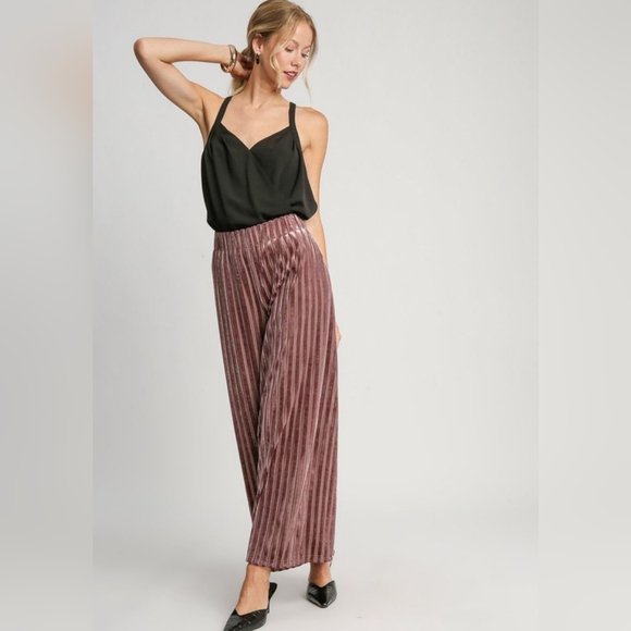 Umgee Velvet High-Rise Retro Pants Wide Leg Boho Metallic Stripe Elastic Waist - Picture 5 of 12